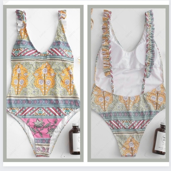 NEW,Zaful, Fun, Flirty & Fabulous, Floral Ruffle Backless Swimsuit, Size XL - Picture 1 of 12